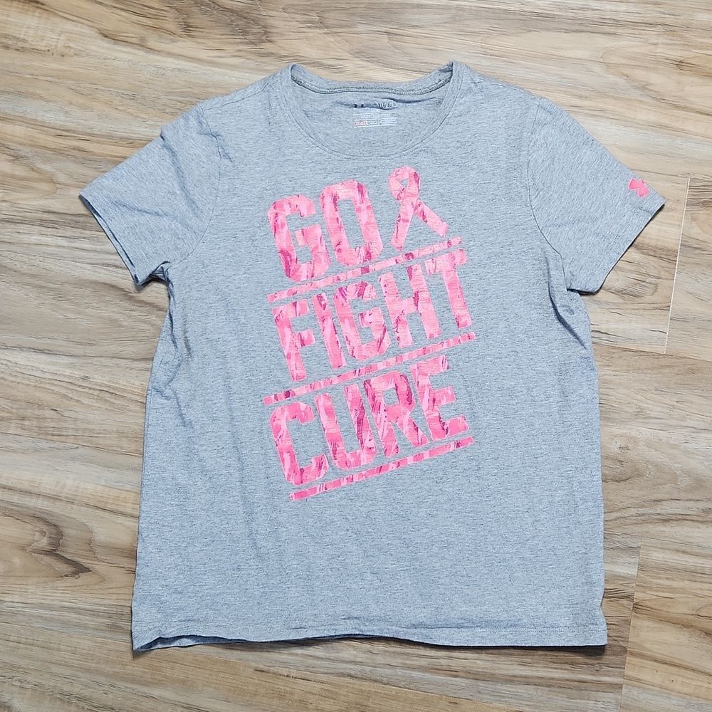 🩵Under Armour Gray Go, Fight, Cure Graphic Short Sleeve Shirt Youth Large